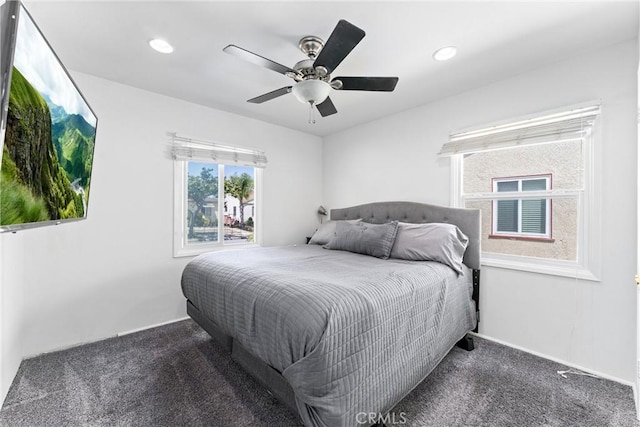 carpeted bedroom with recessed lighting and ceiling fan