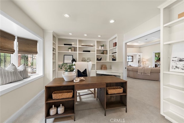 27561 Silver Creek Dr, San Juan Capistrano, CA 92675 - office area featuring ornamental molding, recessed lighting, light colored carpet, and baseboards