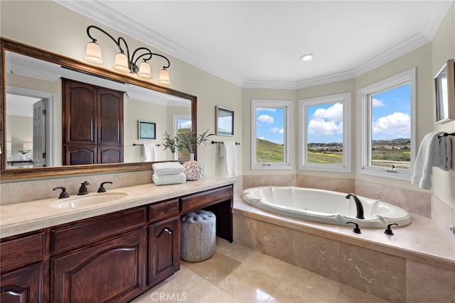 27561 Silver Creek Dr, San Juan Capistrano, CA 92675 - bathroom featuring ornamental molding, a bath, vanity, and a healthy amount of sunlight