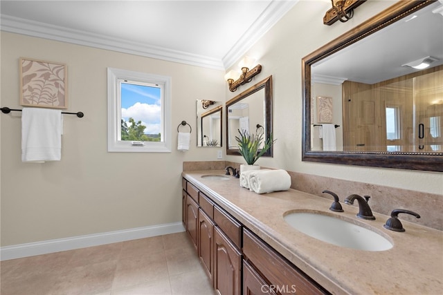 27561 Silver Creek Dr, San Juan Capistrano, CA 92675 - full bath featuring baseboards, ornamental molding, a shower with door, and a sink