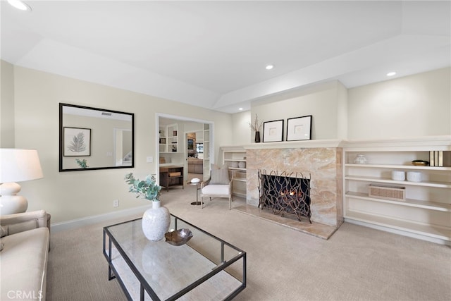 27561 Silver Creek Dr, San Juan Capistrano, CA 92675 - carpeted living area with baseboards, recessed lighting, and a fireplace