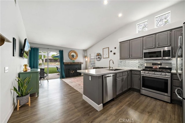 kitchen with gray cabinets, appliances with stainless steel finishes, vaulted ceiling, a sink, and a peninsula
