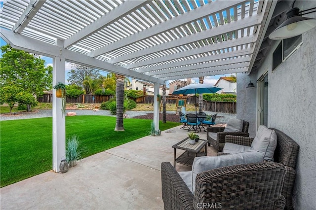 view of patio / terrace featuring outdoor dining space, a pergola, outdoor lounge area, and a fenced backyard