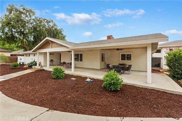 370 W 13th St, Upland, CA 91786 - rear view of property with ceiling fan, a chimney, stucco siding, and a shingled roof