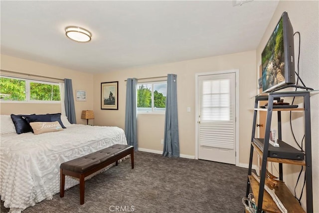 bedroom featuring carpet floors, baseboards, and multiple windows
