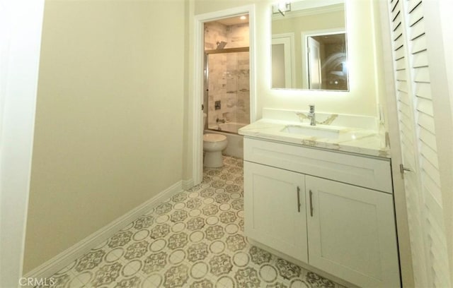 bathroom with shower / bathtub combination, baseboards, toilet, tile patterned floors, and vanity