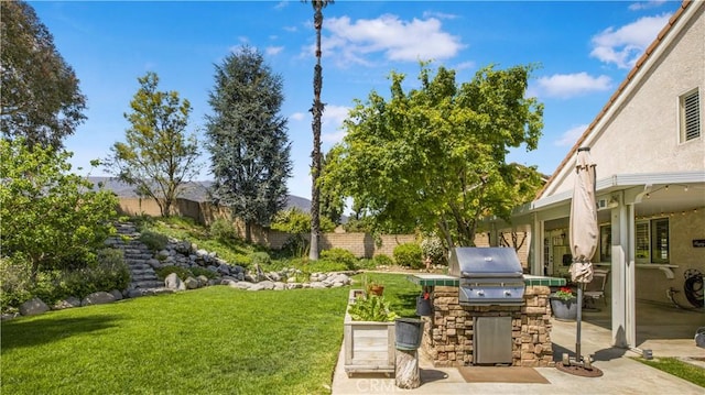 view of yard featuring fence, area for grilling, and a patio area