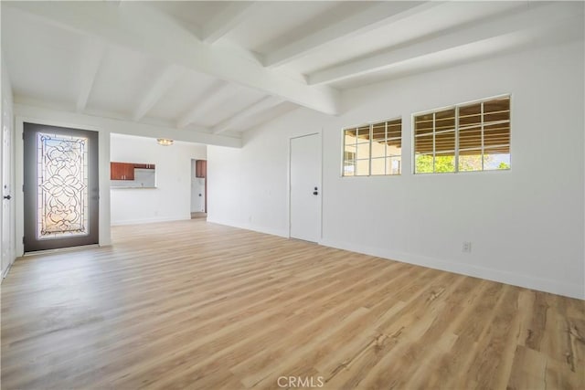 1976 Galemont Ave, Hacienda Heights, CA 91745 - unfurnished living room featuring light wood-style floors, lofted ceiling with beams, and baseboards