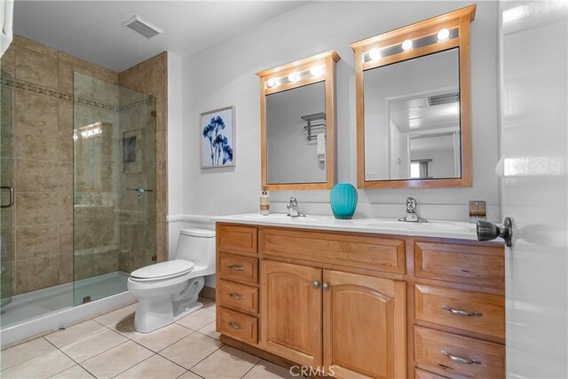 bathroom with tile patterned floors, toilet, a sink, visible vents, and a stall shower