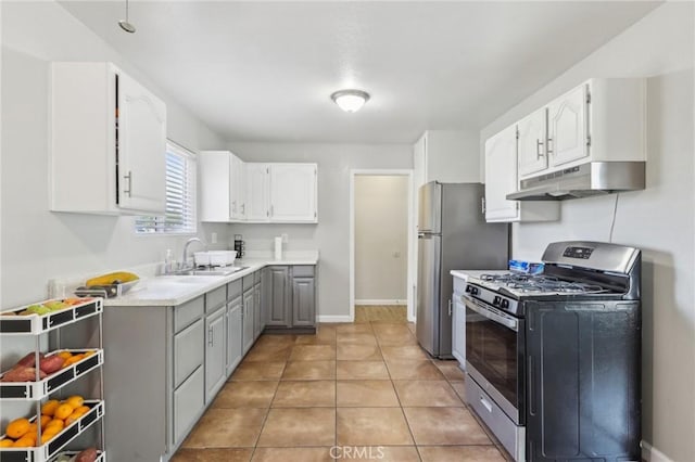 kitchen with appliances with stainless steel finishes, a sink, white cabinetry, and under cabinet range hood