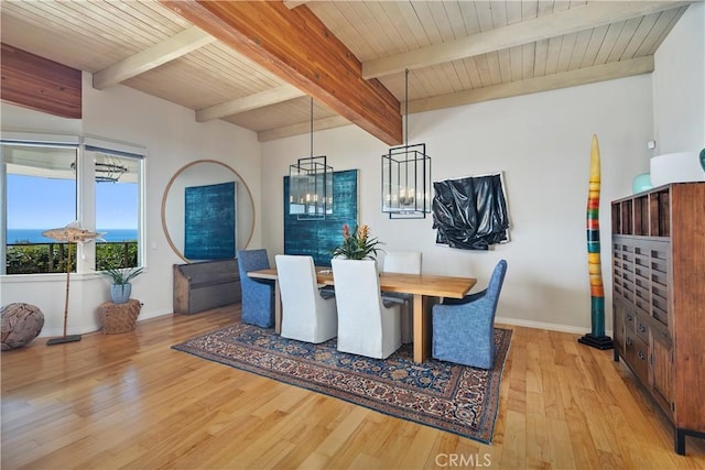 31588 Table Rock Dr, Laguna Beach, CA 92651 - dining area with wood finished floors, baseboards, a chandelier, and wood ceiling with exposed beams