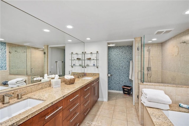 31588 Table Rock Dr, Laguna Beach, CA 92651 - bathroom featuring a stall shower, double vanity, tile patterned flooring, a bath, and recessed lighting