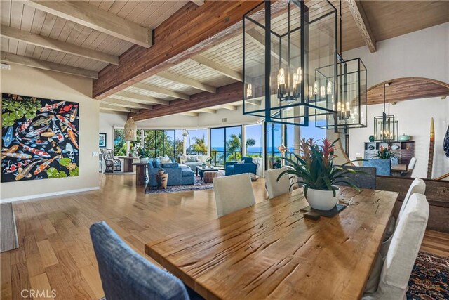 31588 Table Rock Dr, Laguna Beach, CA 92651 - dining room featuring a chandelier, wood finished floors, baseboards, and wooden ceiling with exposed beams
