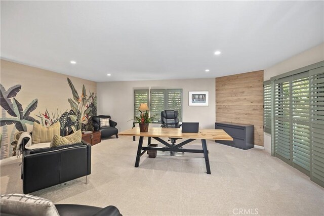 31588 Table Rock Dr, Laguna Beach, CA 92651 - office space with recessed lighting, light carpet, and wooden walls