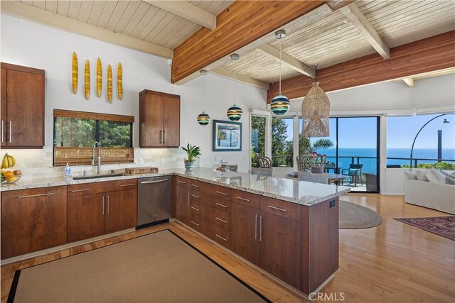31588 Table Rock Dr, Laguna Beach, CA 92651 - kitchen featuring stainless steel dishwasher, a sink, a peninsula, light wood-style flooring, and tasteful backsplash