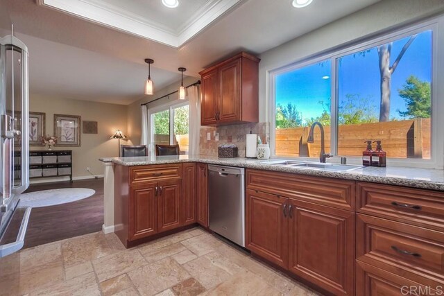 1023 Mimosa Ave, Vista, CA 92081 - kitchen featuring stainless steel dishwasher, ornamental molding, recessed lighting, a peninsula, and a tray ceiling