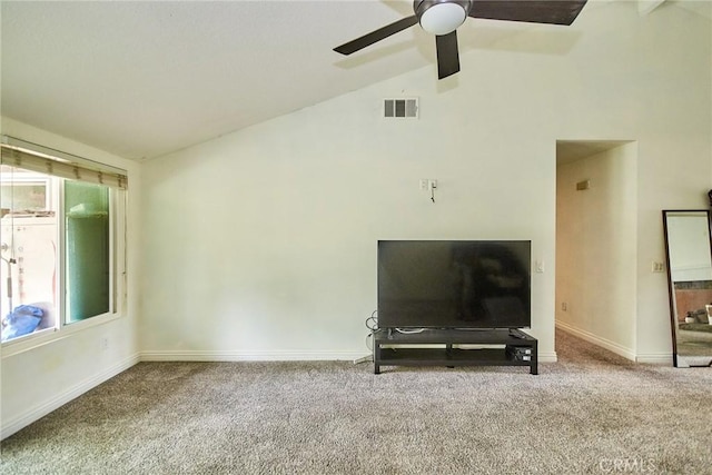 unfurnished living room featuring visible vents, carpet flooring, baseboards, and a ceiling fan