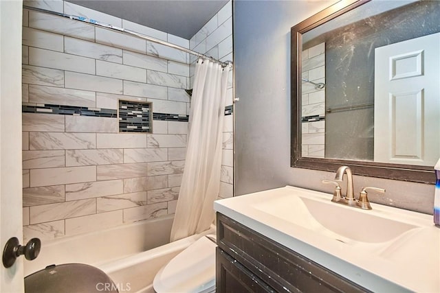 bathroom featuring toilet, shower / bathtub combination with curtain, and vanity