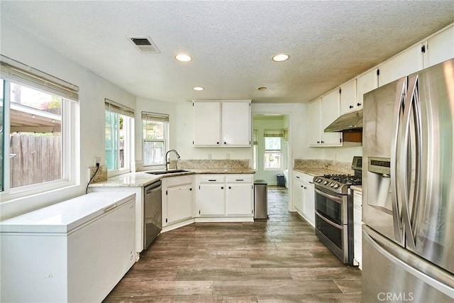 kitchen with under cabinet range hood, recessed lighting, appliances with stainless steel finishes, and a wealth of natural light