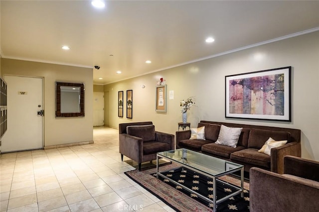 living area with light tile patterned flooring, recessed lighting, and crown molding