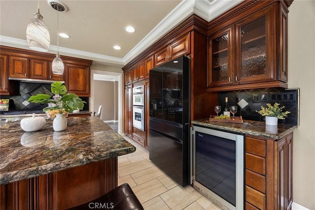 4820 Via Corzo, Yorba Linda, CA 92886 - kitchen with freestanding refrigerator, beverage cooler, crown molding, tasteful backsplash, and pendant lighting
