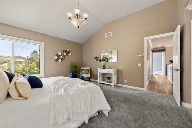 4820 Via Corzo, Yorba Linda, CA 92886 - bedroom featuring a chandelier, carpet floors, vaulted ceiling, and baseboards