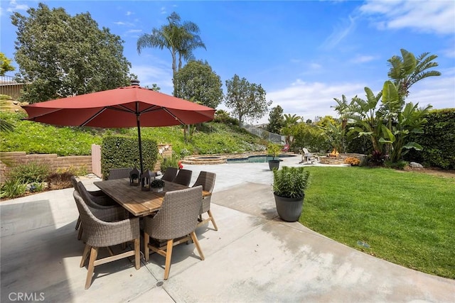 4820 Via Corzo, Yorba Linda, CA 92886 - view of patio / terrace with a fire pit, an outdoor pool, and outdoor dining area