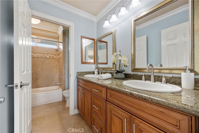 4820 Via Corzo, Yorba Linda, CA 92886 - full bath featuring double vanity, toilet, crown molding, shower / tub combination, and tile patterned floors