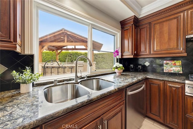 4820 Via Corzo, Yorba Linda, CA 92886 - kitchen with a sink, dishwasher, dark stone counters, tasteful backsplash, and crown molding
