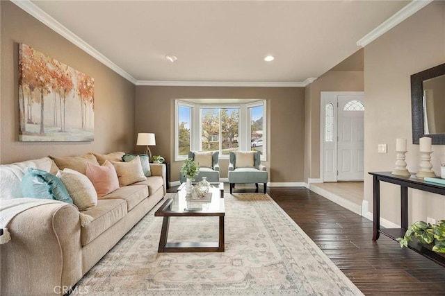 4820 Via Corzo, Yorba Linda, CA 92886 - living room featuring wood finished floors, baseboards, ornamental molding, and recessed lighting
