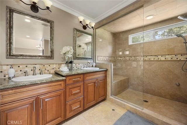 4820 Via Corzo, Yorba Linda, CA 92886 - bathroom with double vanity, tiled shower, tile patterned flooring, backsplash, and crown molding