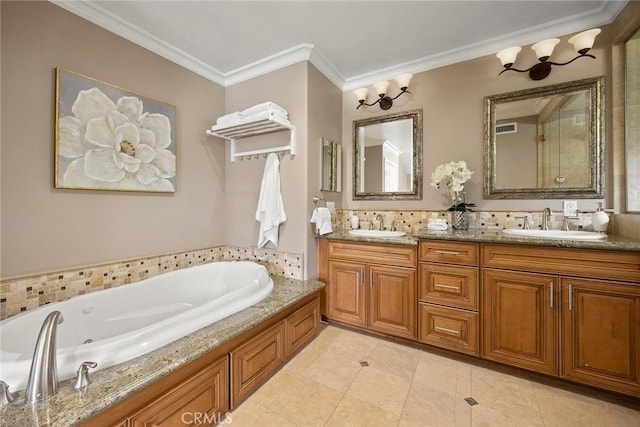 4820 Via Corzo, Yorba Linda, CA 92886 - full bath featuring double vanity, ornamental molding, a tub with jets, and tile patterned flooring