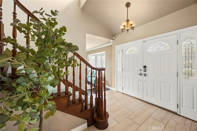 4820 Via Corzo, Yorba Linda, CA 92886 - entryway with stairs, vaulted ceiling, a chandelier, and baseboards