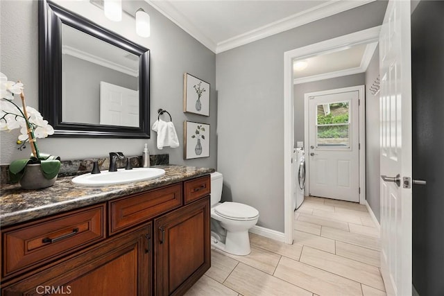 4820 Via Corzo, Yorba Linda, CA 92886 - bathroom with separate washer and dryer, toilet, vanity, ornamental molding, and baseboards