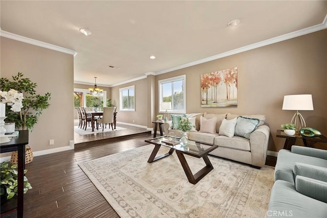 4820 Via Corzo, Yorba Linda, CA 92886 - living area featuring baseboards, crown molding, a chandelier, hardwood / wood-style flooring, and recessed lighting
