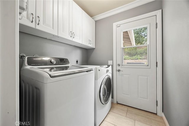 4820 Via Corzo, Yorba Linda, CA 92886 - laundry area featuring cabinet space, washing machine and clothes dryer, ornamental molding, and baseboards