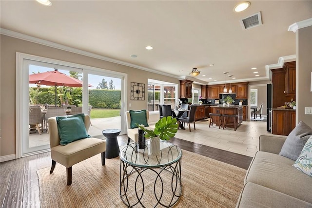 4820 Via Corzo, Yorba Linda, CA 92886 - living room featuring recessed lighting, ornamental molding, light wood-type flooring, and baseboards