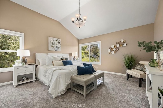 4820 Via Corzo, Yorba Linda, CA 92886 - bedroom with a chandelier, vaulted ceiling, light colored carpet, and baseboards