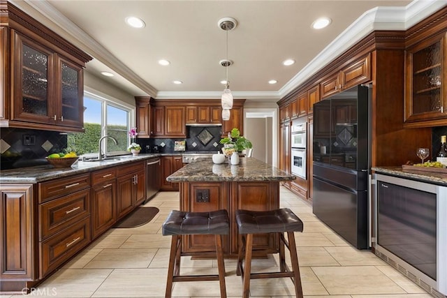 4820 Via Corzo, Yorba Linda, CA 92886 - kitchen with stainless steel appliances, beverage cooler, a sink, a kitchen island, and backsplash