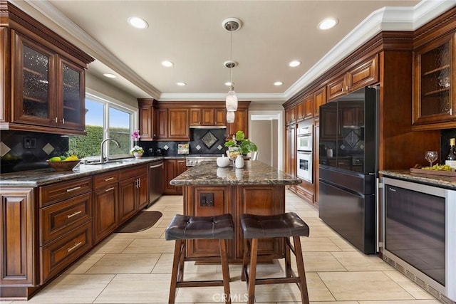 4820 Via Corzo, Yorba Linda, CA 92886 - kitchen featuring freestanding refrigerator, beverage cooler, a center island, white double oven, and decorative backsplash