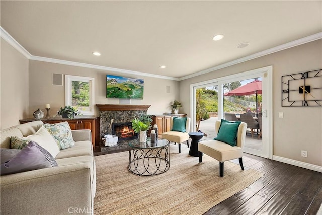 4820 Via Corzo, Yorba Linda, CA 92886 - living room with wood finished floors, ornamental molding, baseboards, a fireplace, and recessed lighting