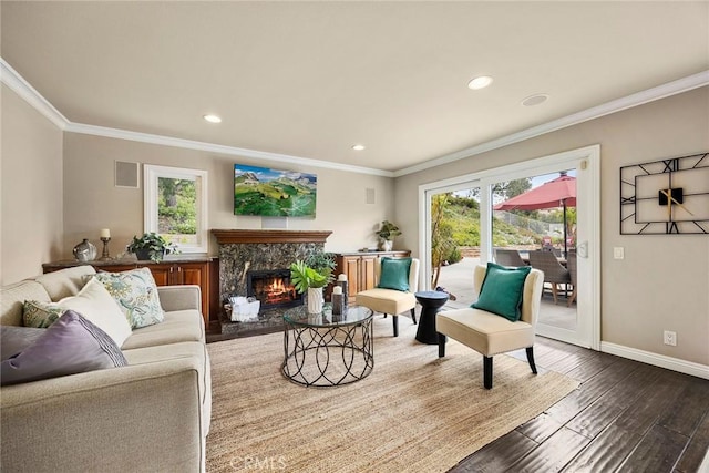 4820 Via Corzo, Yorba Linda, CA 92886 - living area with wood finished floors, ornamental molding, a fireplace, and recessed lighting