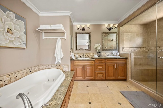 4820 Via Corzo, Yorba Linda, CA 92886 - full bath with ornamental molding, a tub with jets, double vanity, a stall shower, and tile patterned flooring