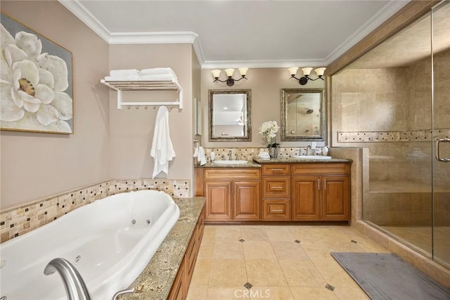 4820 Via Corzo, Yorba Linda, CA 92886 - bathroom featuring crown molding, a jetted tub, double vanity, a stall shower, and tile patterned flooring