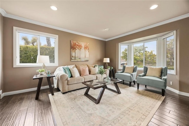 4820 Via Corzo, Yorba Linda, CA 92886 - living area featuring plenty of natural light, baseboards, crown molding, wood-type flooring, and recessed lighting
