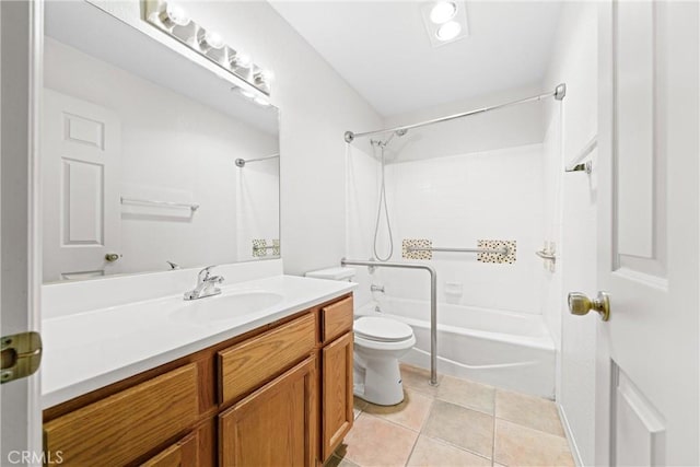 full bath with tile patterned floors, vanity, toilet, and bathtub / shower combination