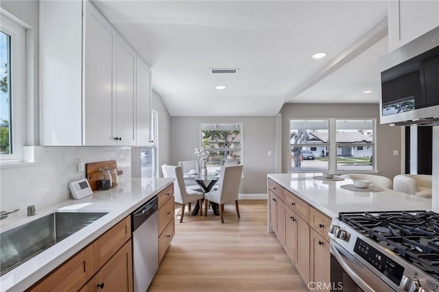 kitchen featuring visible vents, light wood-type flooring, a sink, light countertops, and stainless steel appliances