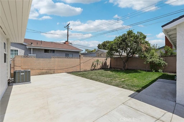 view of patio featuring a fenced backyard and central air condition unit