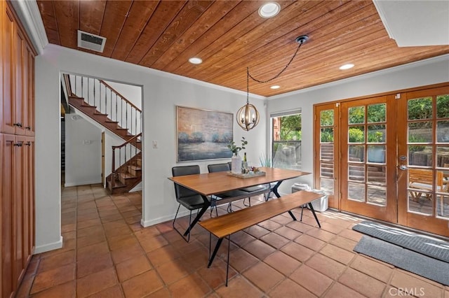 dining area with wooden ceiling, stairs, crown molding, and recessed lighting