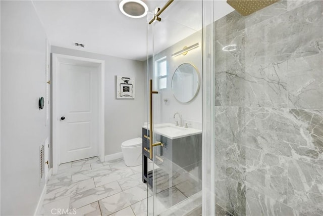 5211 Mcclintock Ave, Temple City, CA 91780 - bathroom with vanity, toilet, marble finish floor, a shower stall, and visible vents